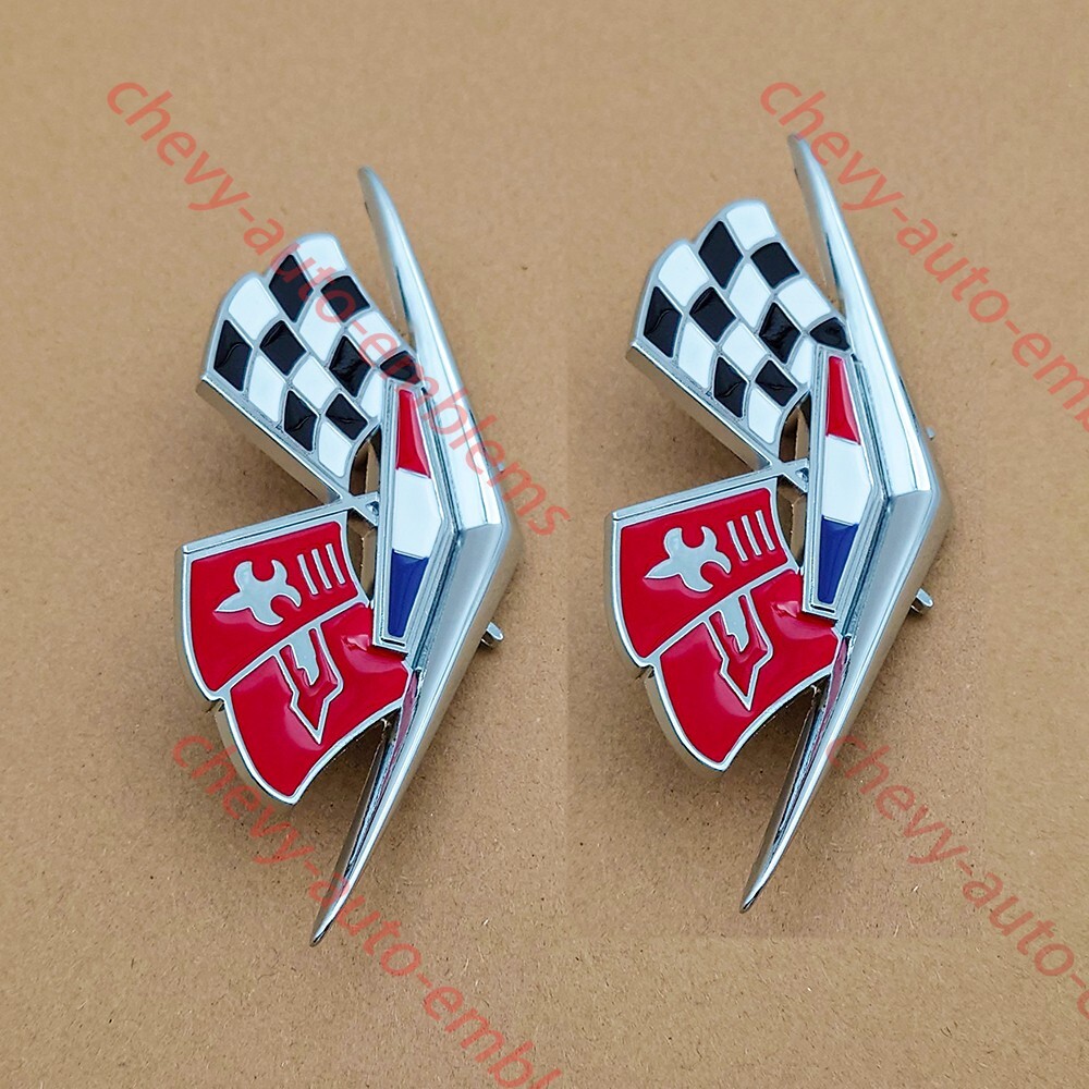 2Pcs Siver Fits 1962 1963 Impala 327 409 Front Fender Emblems Badge Flags