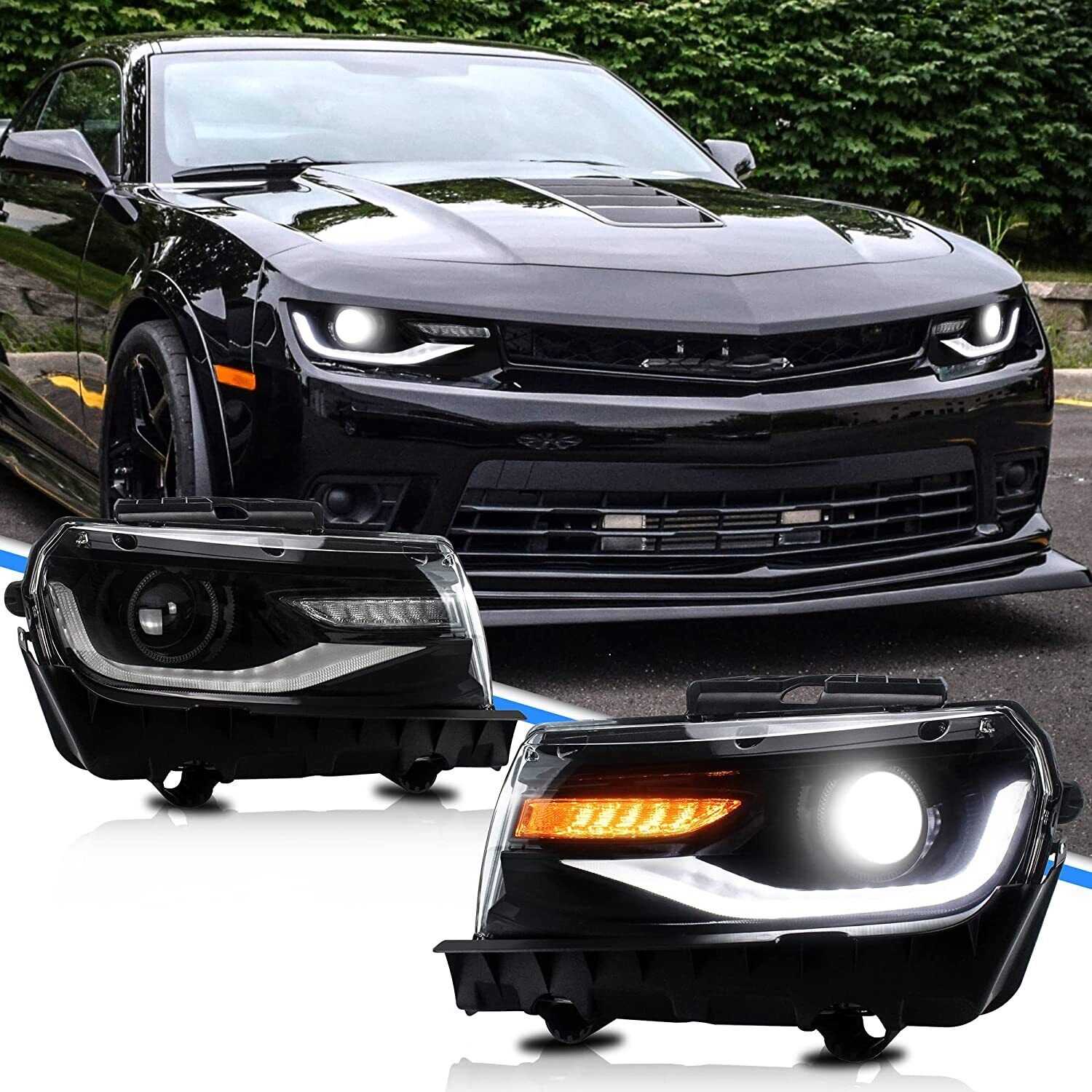 Headlights For Chevrolet Camaro 2014-2015 W/ LED DRL  Projector Head Light LH+RH