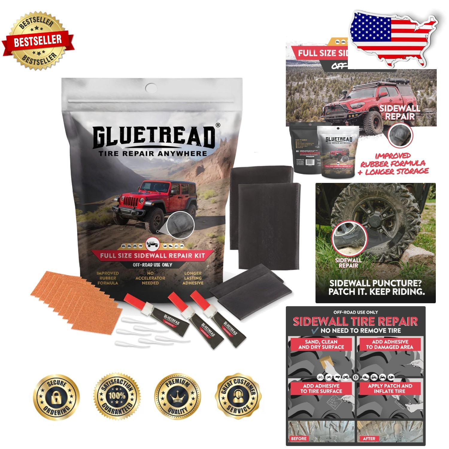 GlueTread 4x4 Tire Repair Kit - Full Size Sidewall Patch, Fast Cure, 10 Min, ...