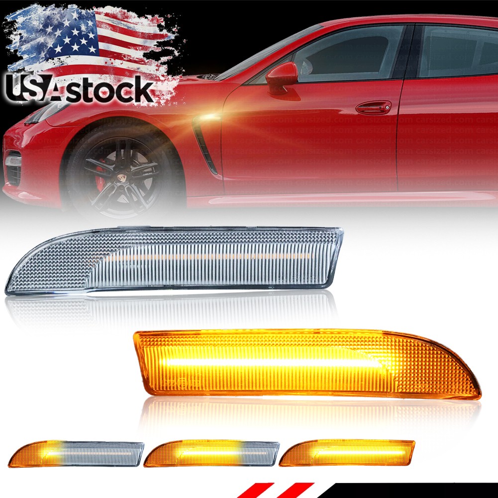 Clear Dynamic Amber LED Front Side Marker Lights For 09-16 Porsche Panamera 970