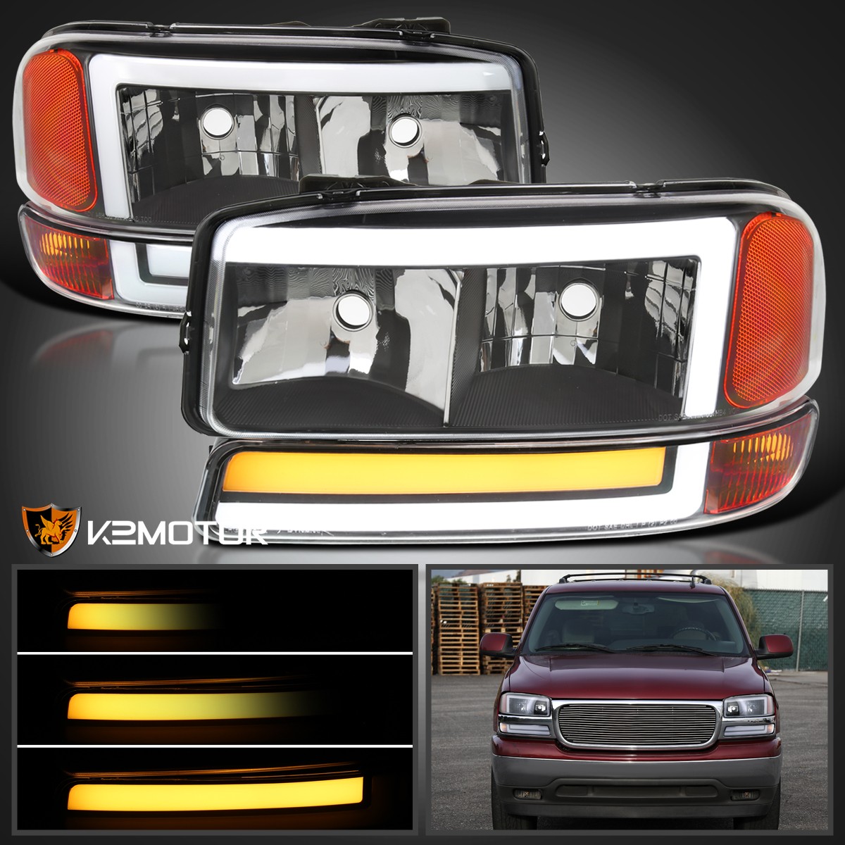 Fits Black 1999-2006 Sierra 1500 Yukon LED DRL Headlights+LED Sequential Bumper