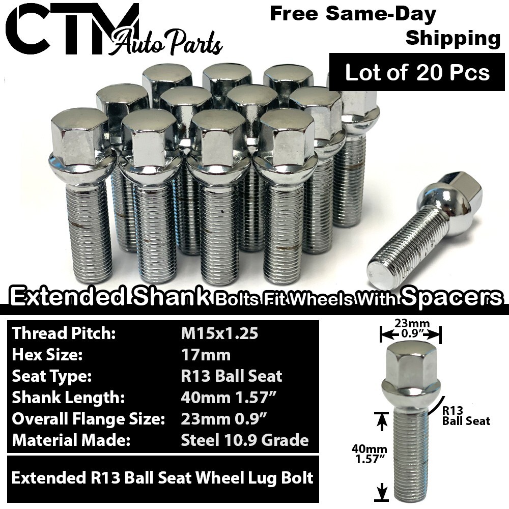 20x Chrome 15x1.25 Ball Seat 40mm Shank Lug Bolt Fit Mercedes GLE GLS w/ Spacers