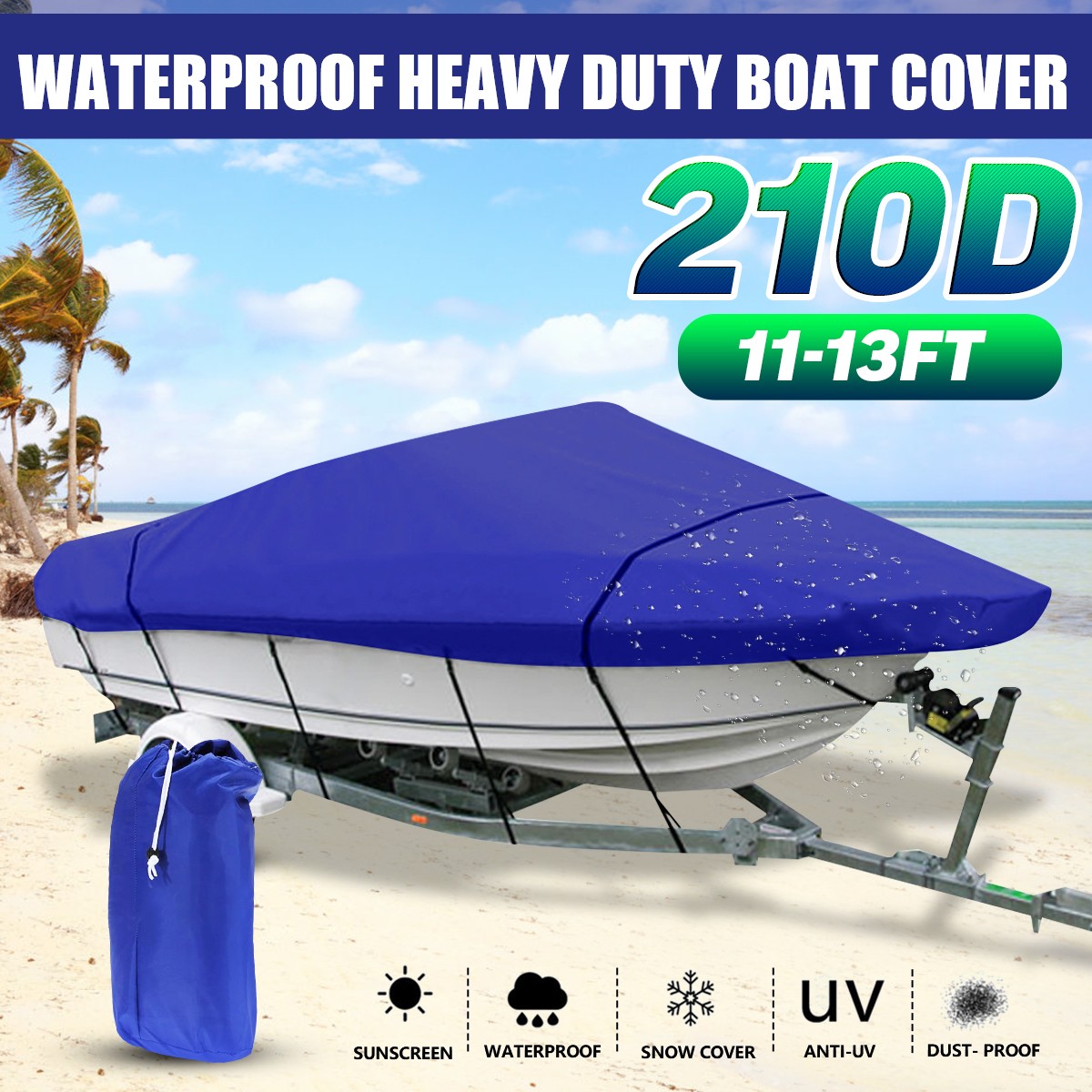 210D 11-13FT Denier Polyester Heavy Duty Boat Cover V-Hull Speedboat Ski Sport