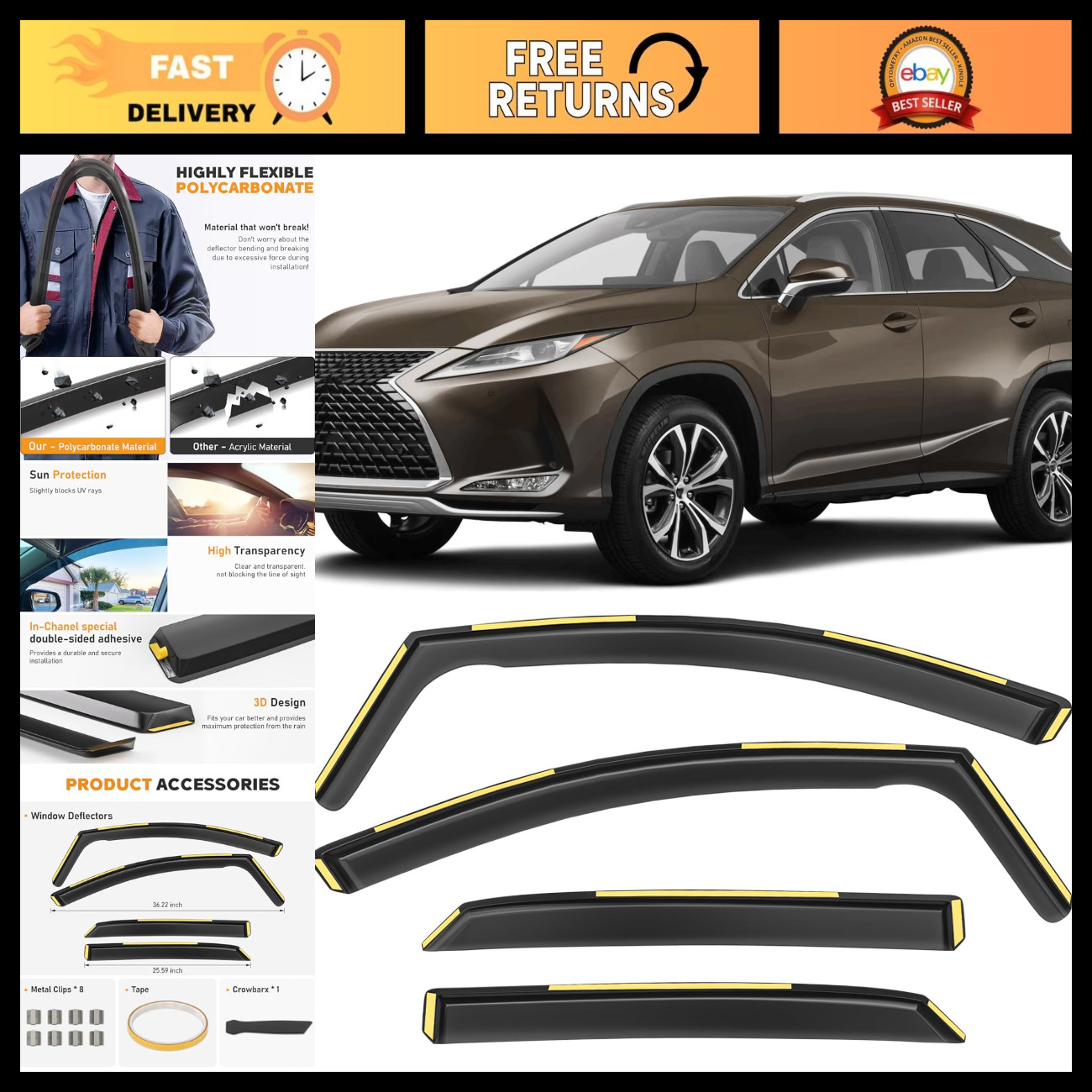 Shatterproof In-Channel Window Rain Guards & Deflectors for Lexus RX350/RX450H 2
