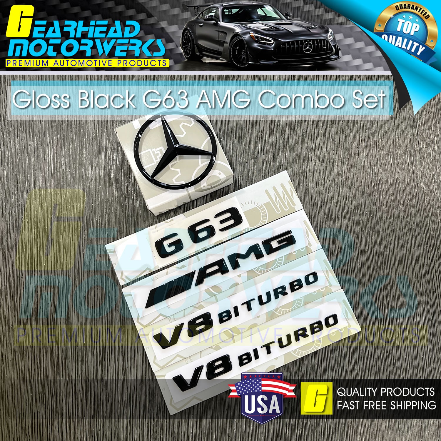 G63 AMG V8 BITURBO Gloss Black Emblem W463 W464 Rear Star Badge Benz Combo Set