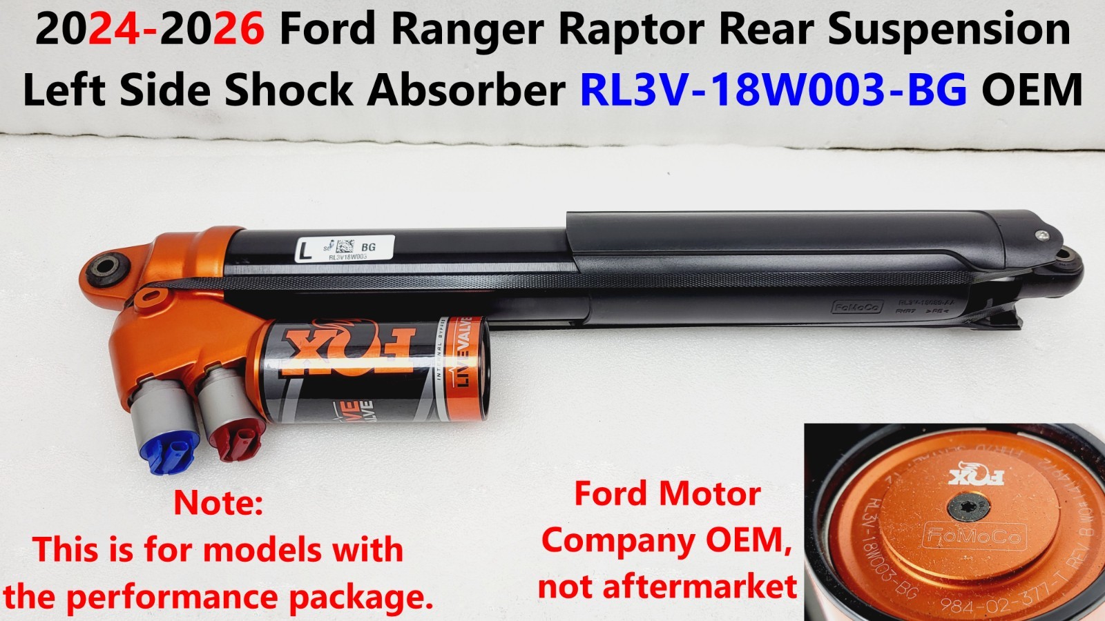 24 -26 Ford Ranger Raptor Rear Suspension Left Side Shock Absorber RL3V18W003BG