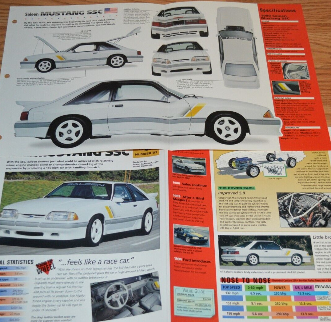 1989 Saleen Mustang SSC Poster Original Brochure Specs Info Ad 89 93 White Ford