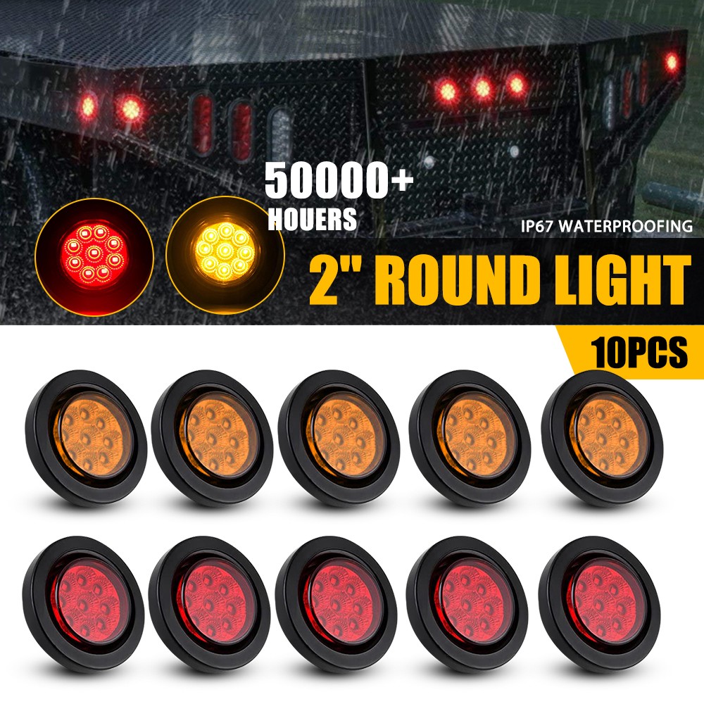 5-50PCS 2 inch 9 LED Round Truck Trailer Side Marker Clearance Lights w/ Grommet