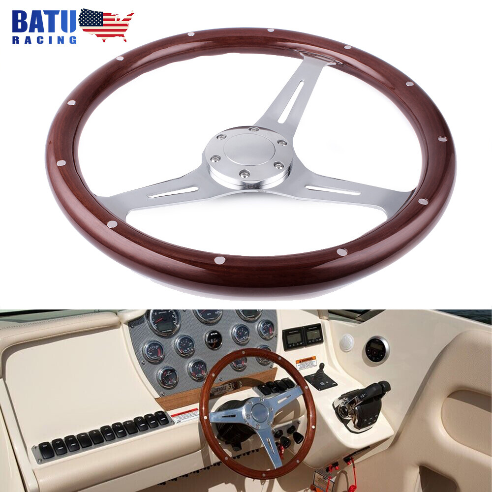 380mm 15inch Real Wood 3 Spoke Chrome Marine Boat Steering Wheel+Horn Button
