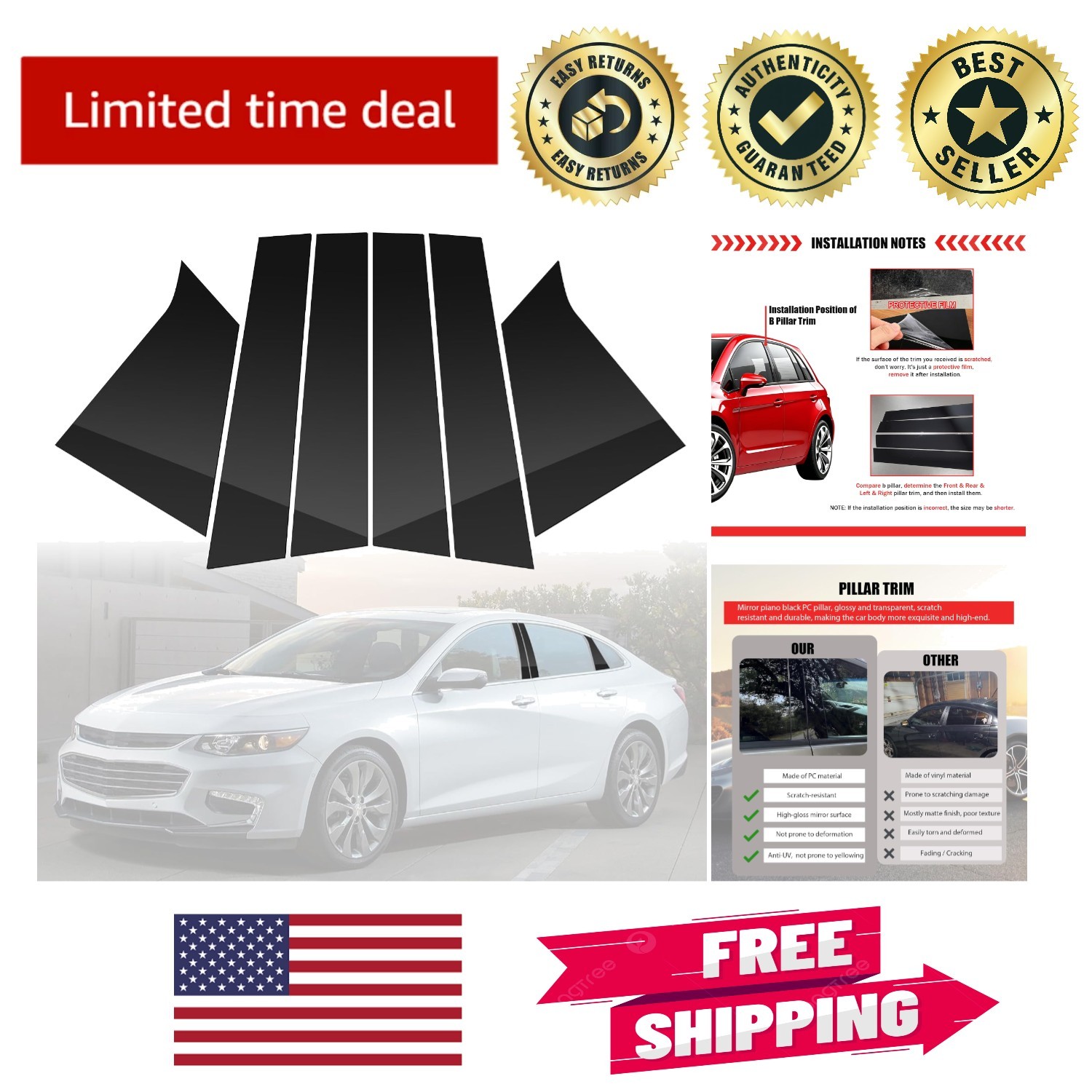 6x High-Gloss Black Pillar Covers for 2016-2021 Chevy Malibu - Easy Installation