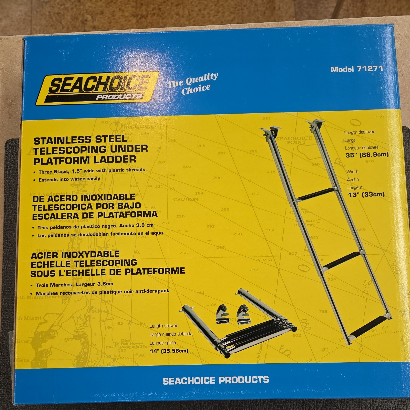 Seachoice Marine Stainless Steel Telescoping Under Platform Mt 3 Step Ladder NEW