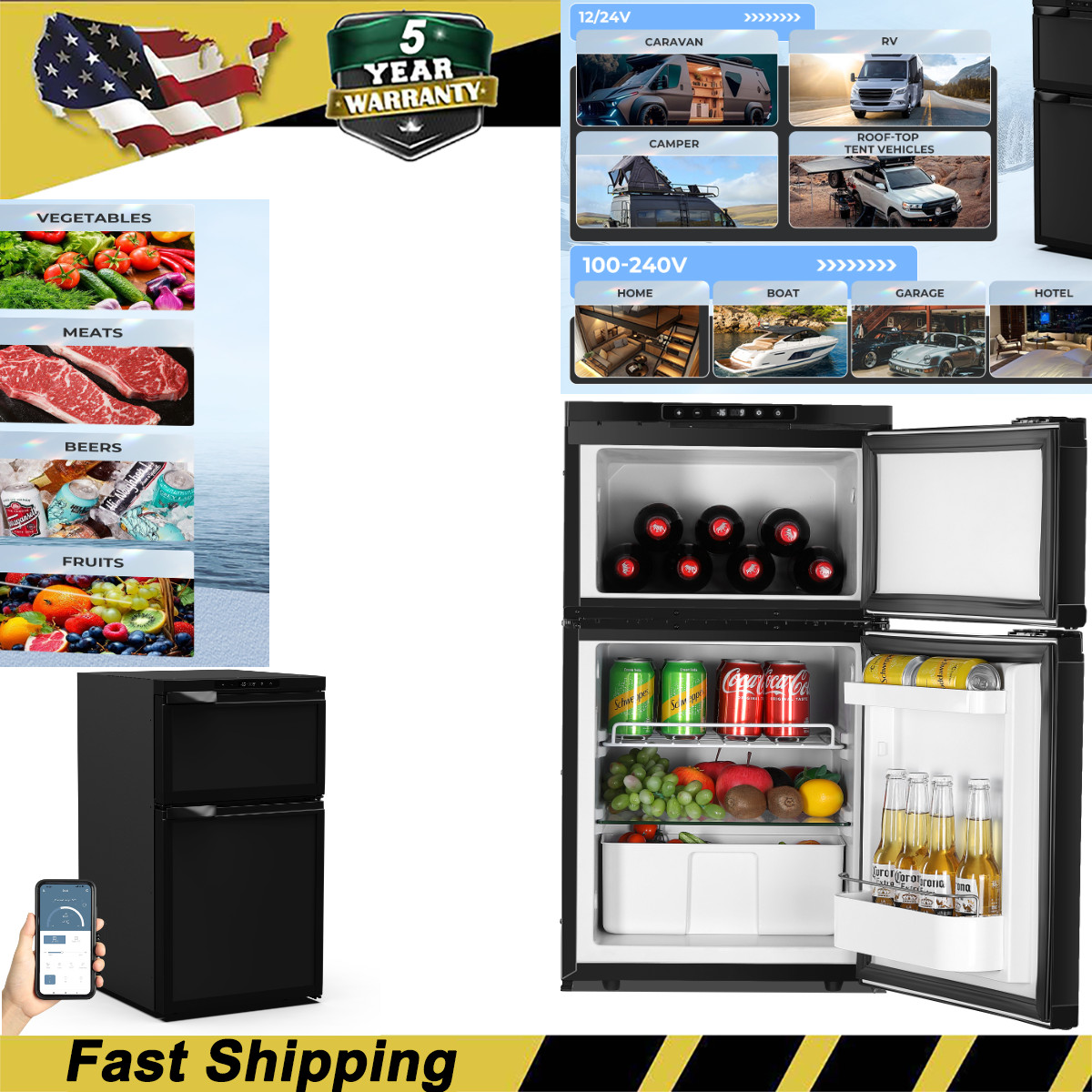 AC110 12V DC FRIDGE 2.8CU FT/80L RV REFRIGERATOR WIRELESS BLUETOOTH FOR TRUCK RV