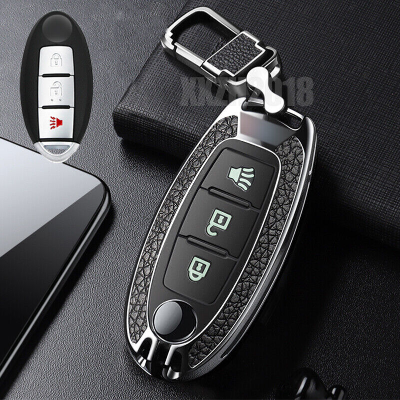 Metal+Leather Luminous 3 Buttons Car Key Fob Case Cover For Nissan For Infiniti