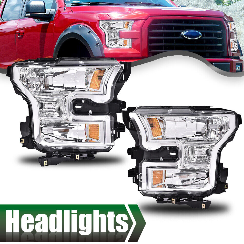 Fit For 15-17 Ford F-150 Clear Lens Chrome Housing Headlights Headlamps LH RH 