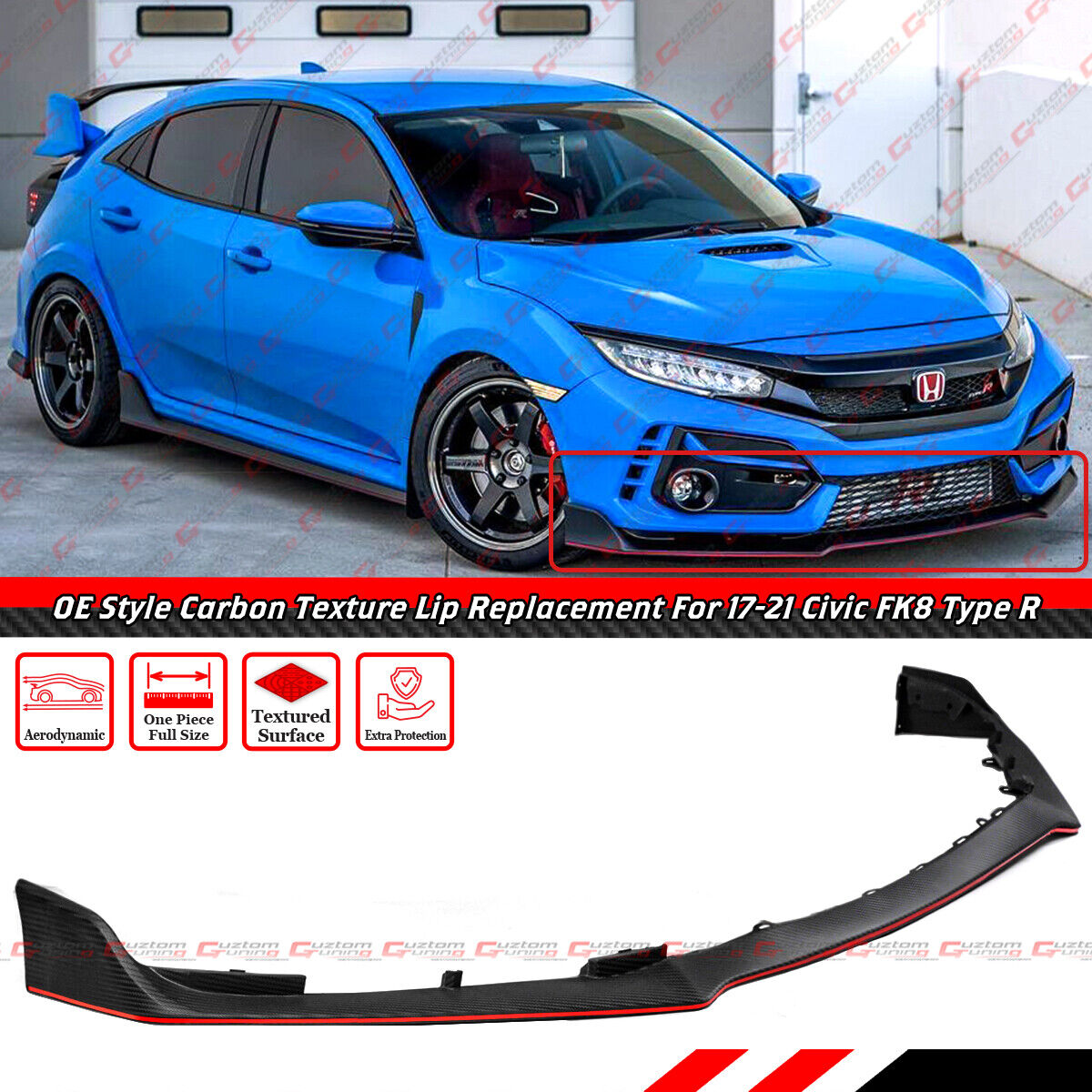 FOR 17-21 HONDA CIVIC TYPE-R FK8 OE STYLE TEXTURED FRONT BUMPER LIP REPLACEMENT