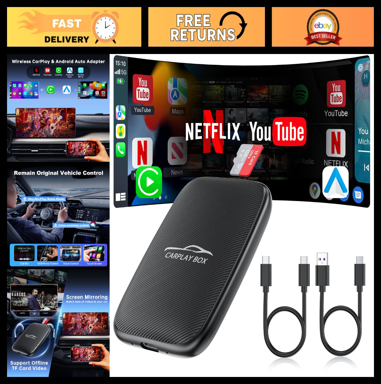 5-in-1 Wireless CarPlay & Android Auto Adapter, Plug & Play, Netflix & YouTube S 5-in-1 Wireless CarPlay & Android Auto Adapter, Plug & Play, Netflix & YouTube S