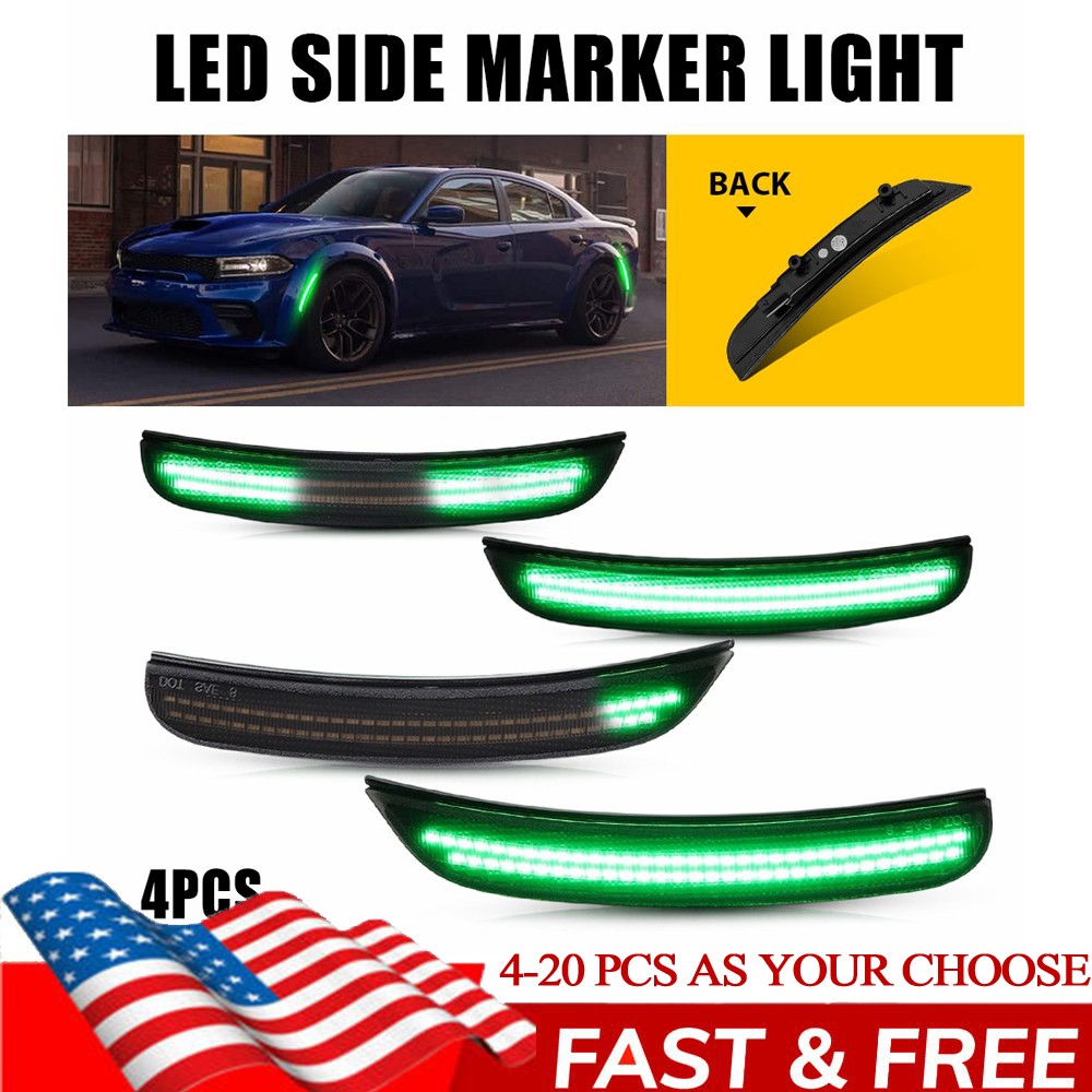 Green LED Side Marker Lights For Dodge Charger 2015-2023 Smoked Front Rear 4-20X