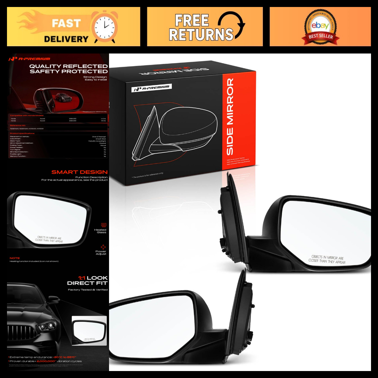 Power Door Mirrors Pair (2) for Driver & Passenger Side - Electric Adjustment, O