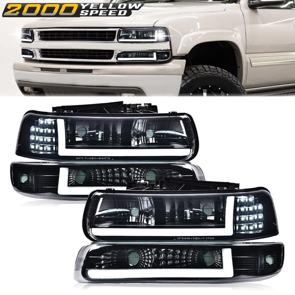 Fit For 99-02 Chevy Silverado 00-06 Tahoe LED DRL Black Headlights+Bumper Lamps