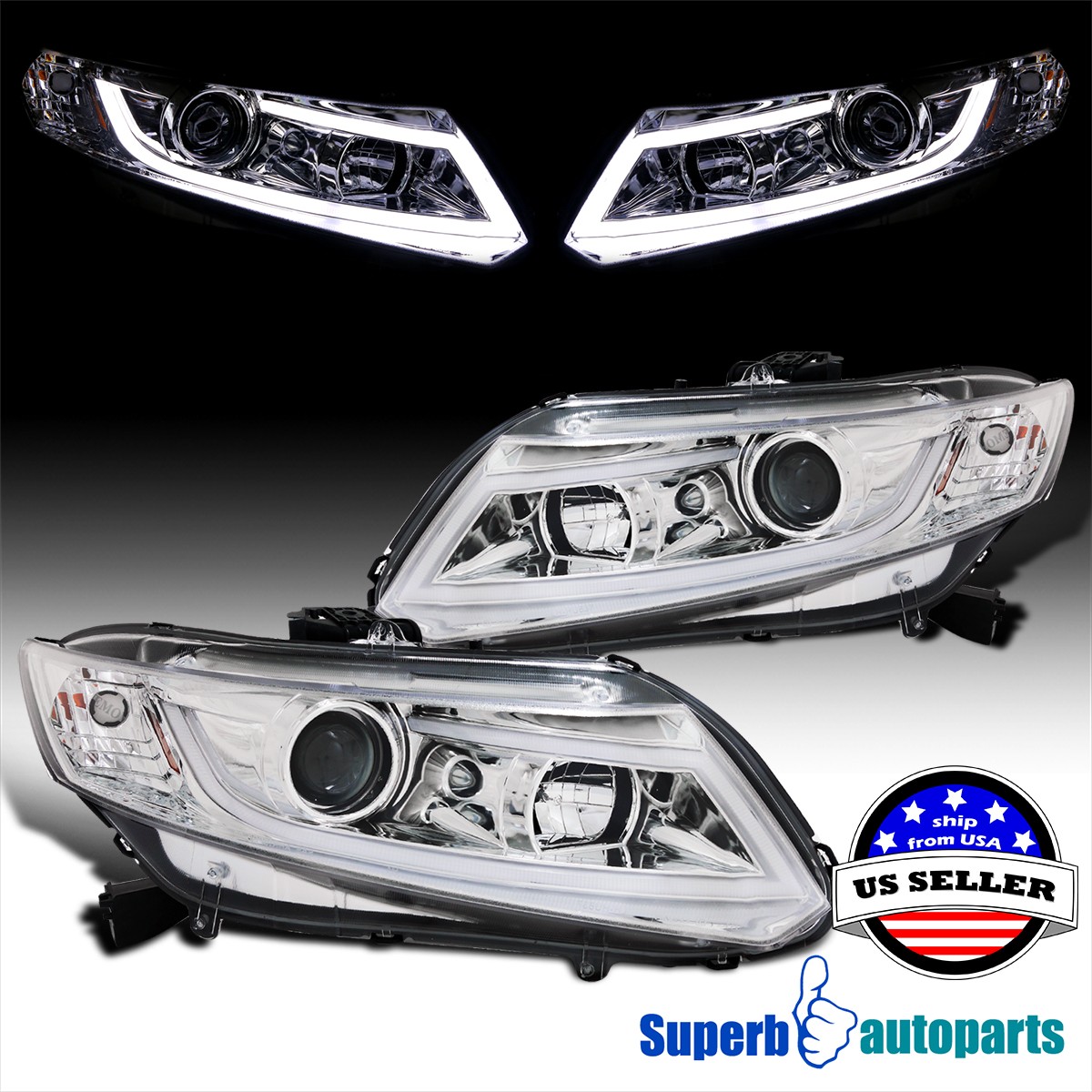 Fits 2012-2015 Honda 12-15 Civic 2 4Dr Projector Headlights New LED Strip Lights Fits 2012-2015 Honda 12-15 Civic 2 4Dr Projector Headlights New LED Strip Lights