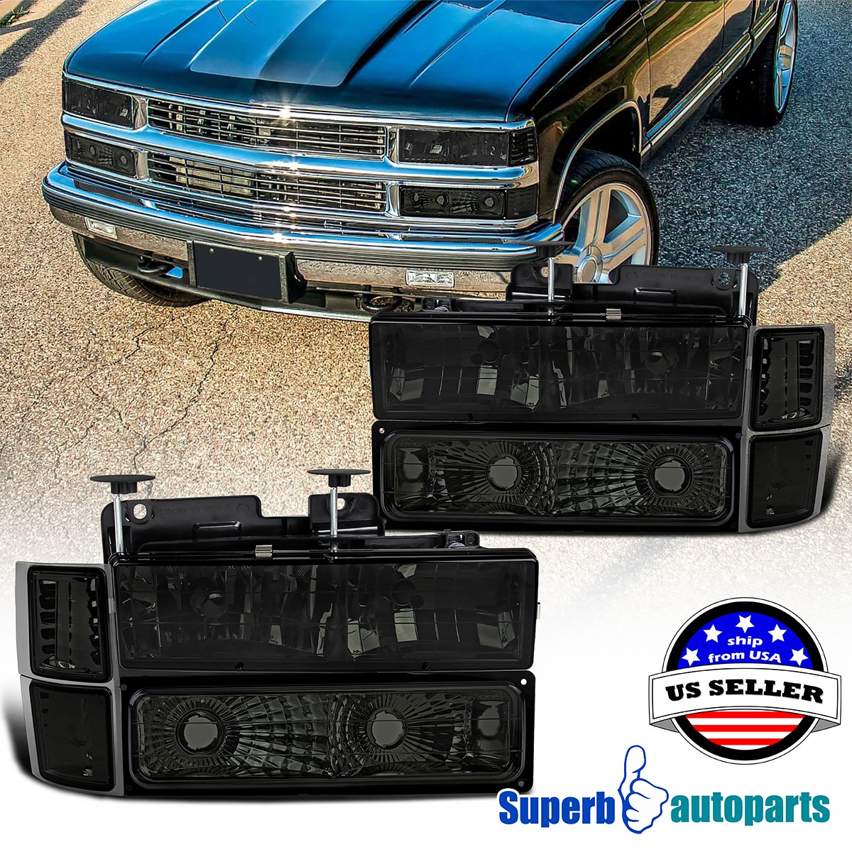 Fits 1994-1998 Chevy C10 C/K 1500 2500 3500 Headlights Front Corner Bumper Smoke