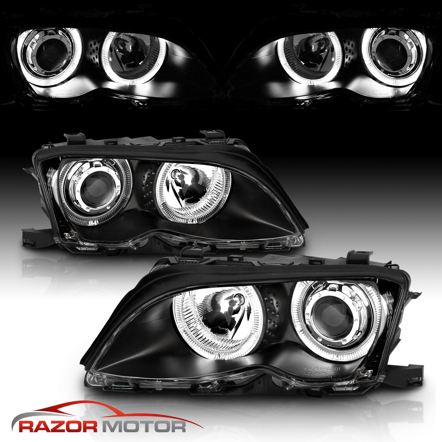 [Dual Halo] 2002 - 2004 2005 For BMW E46 3-Series Black Projector Headlights