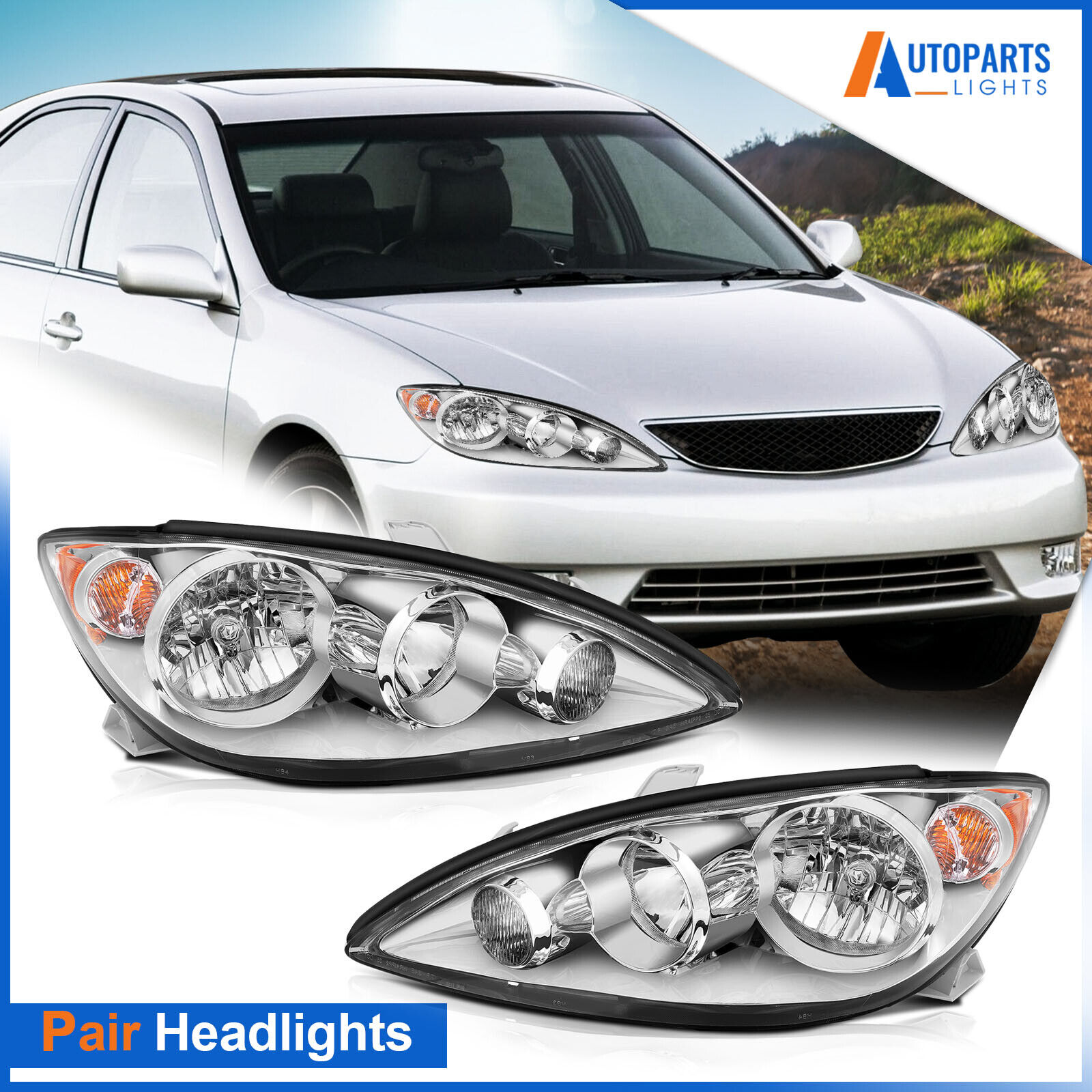 For 2005 2006 Toyota Camry Chrome Housing Left & Right Headlights Assembly