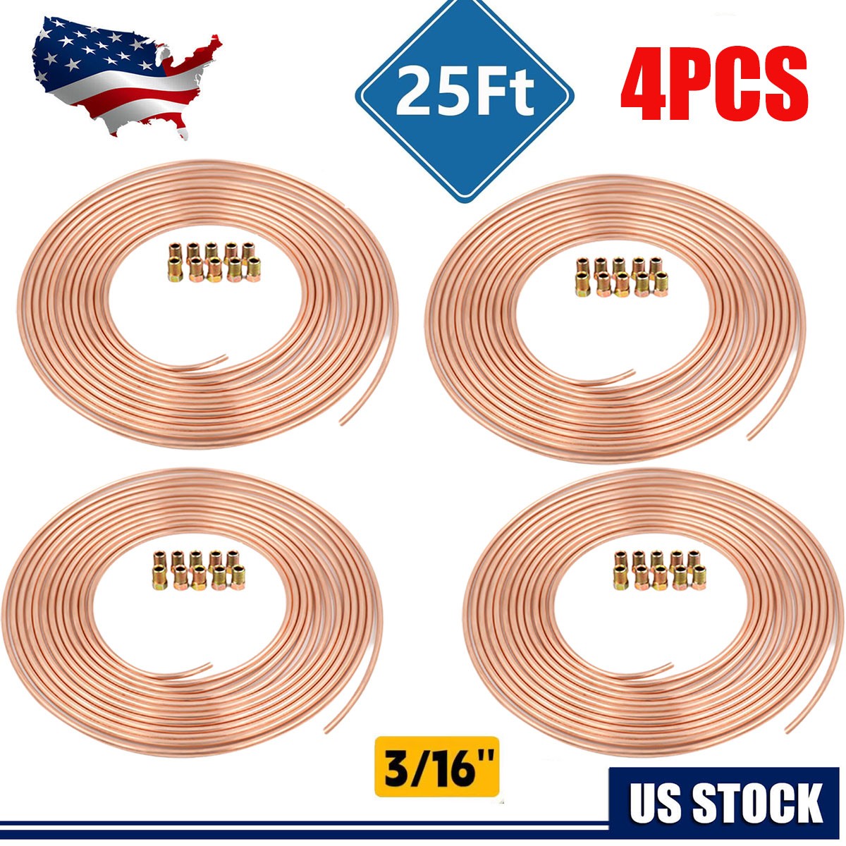 4x Copper Nickel Brake Line Tubing Kit 3/16 OD 25 FT Coil Roll All Size Fitting