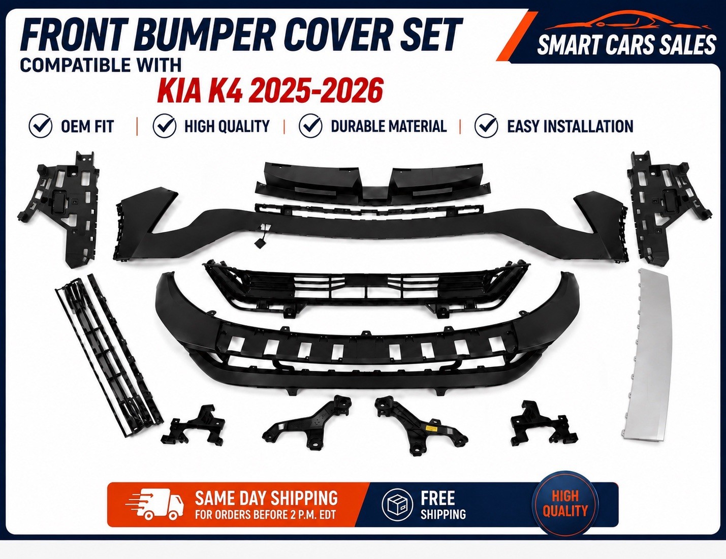 New 2025-2026 Kia K4 LX Front Bumper Cover Kit With Upper & Lower Grille