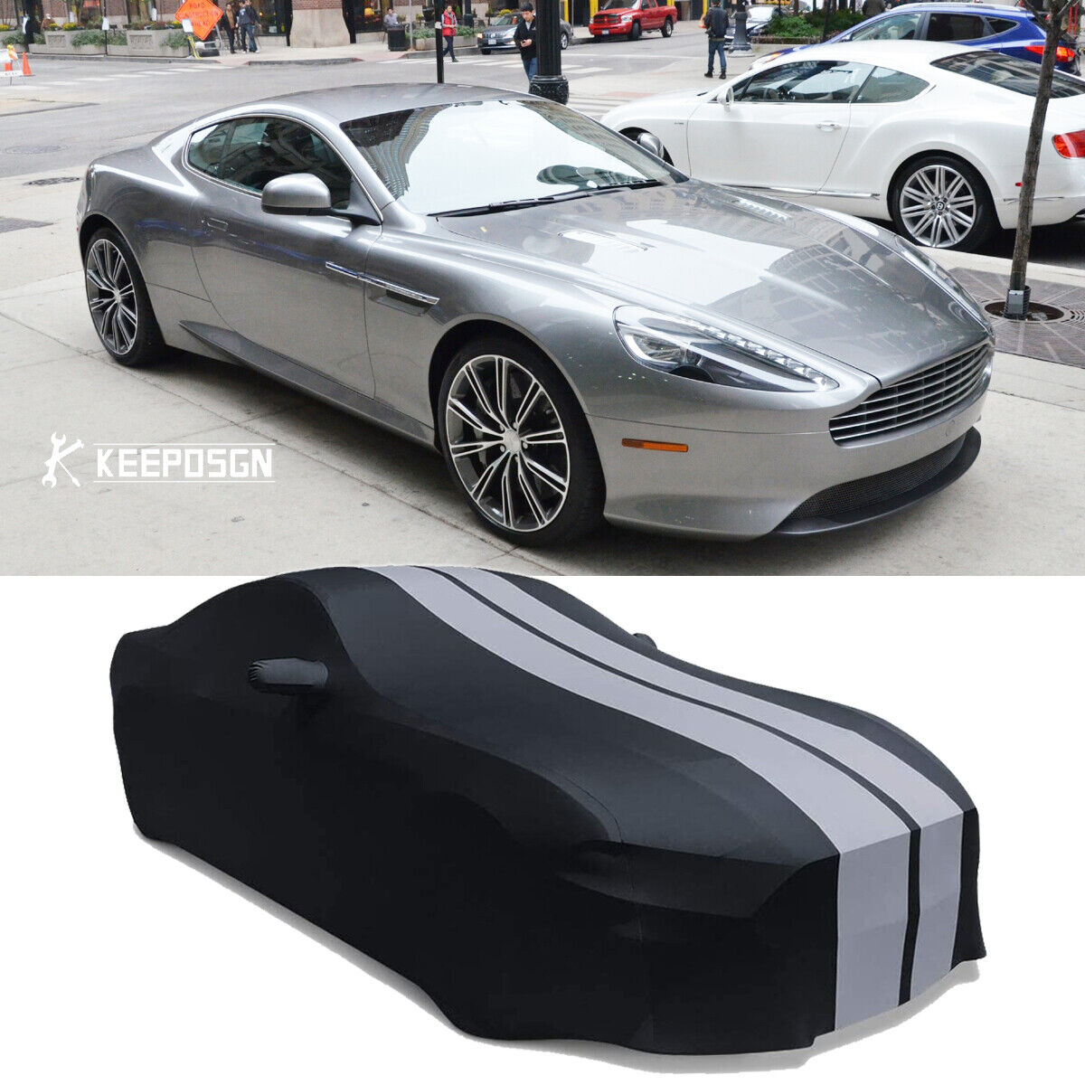 For Aston Martin Virage Stretch Satin Car Cover Indoor Dust Proof Gray-Stripe