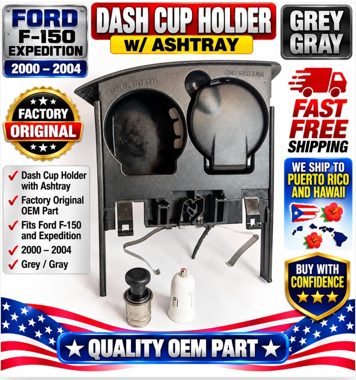 OEM ✅Ford F-150 Expedition Dash Cup Holder w/ Ashtray (2000–2004) – Grey – Gray✅
