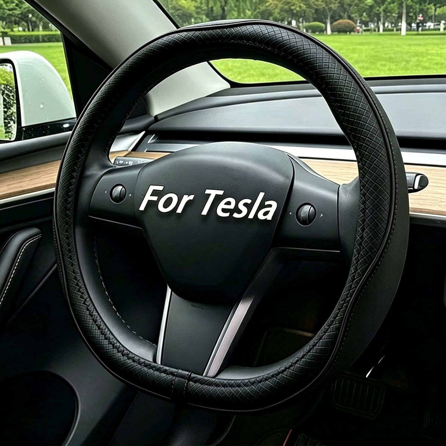 Nappa Black Microfiber Leather Steering Wheel Cover for Tesla Model 3/Y 2016-202
