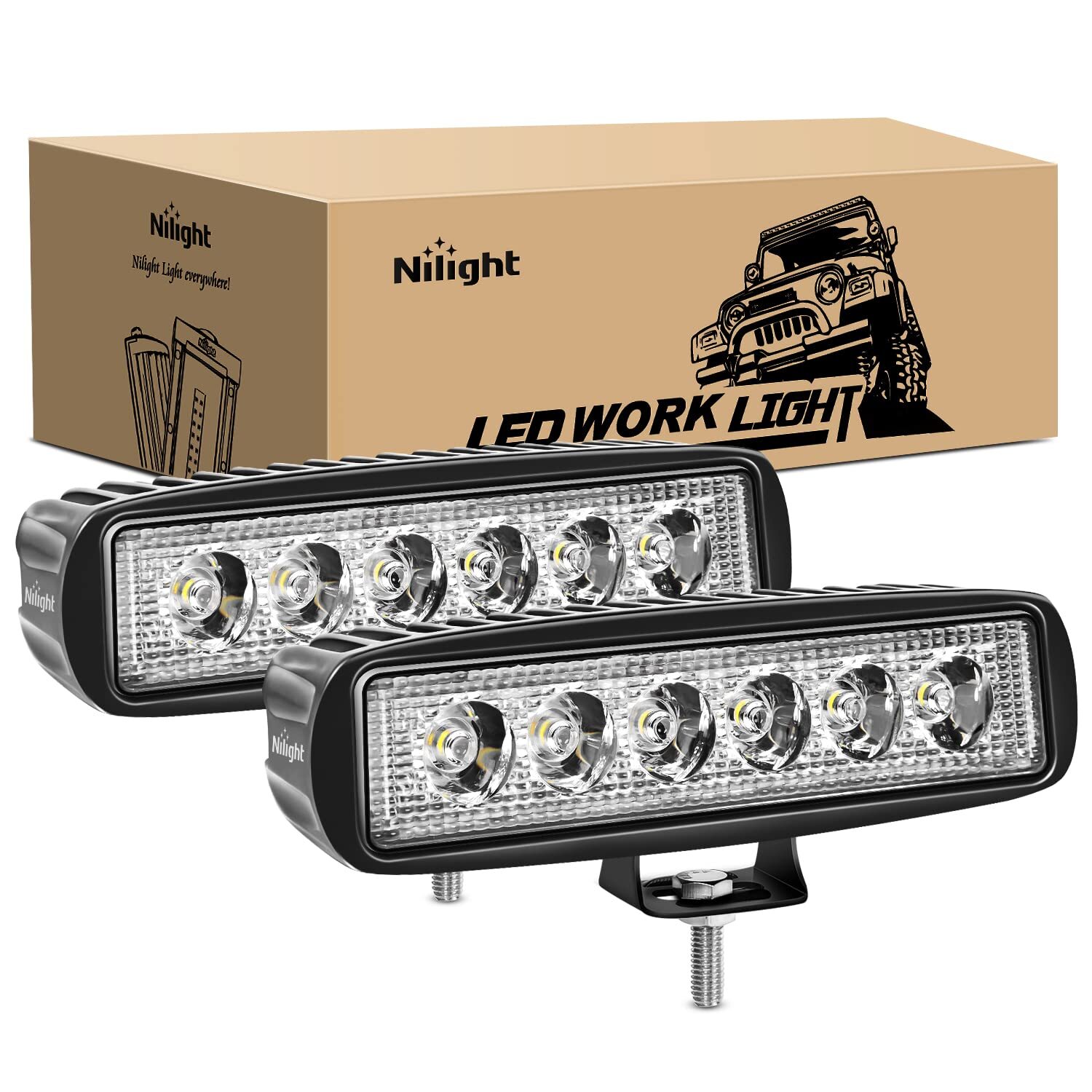 Nilight LED Light Bar 2PCS 18W 6Inch Flood LED Pods Offroad Fog Light Waterproof
