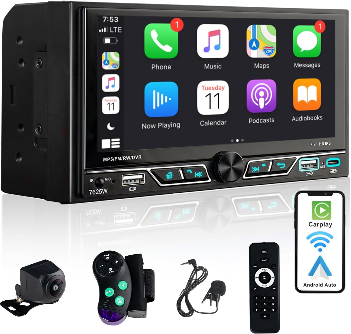 Wireless Apple CarPlay 6.8 Double Din Car Stereo Radio Android Auto Touch Screen