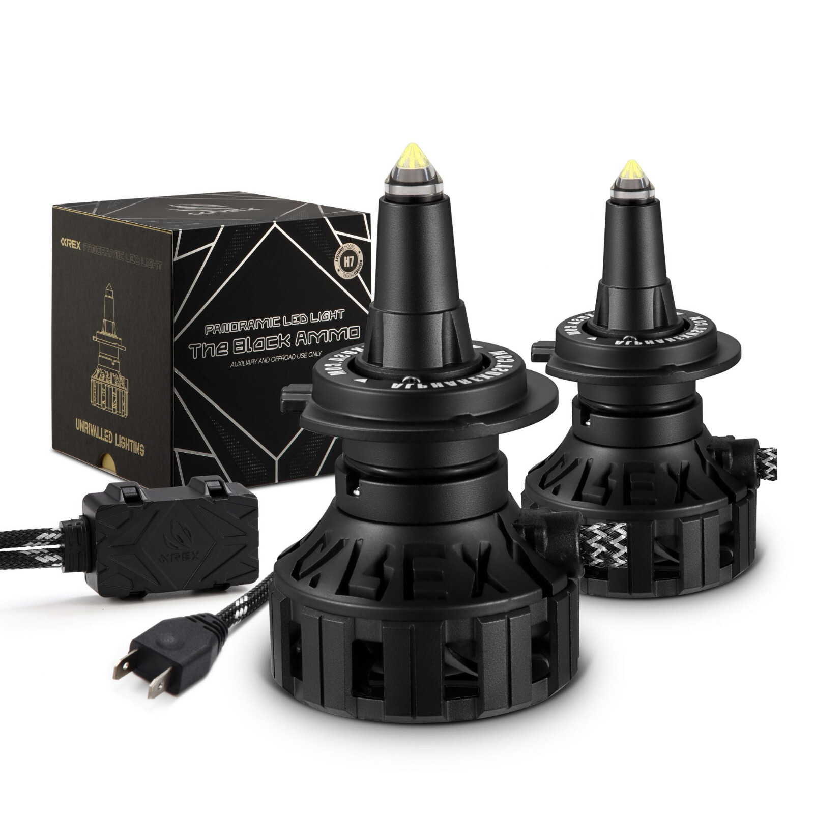 AlphaRex Black Ammo Panoramic LED Light Bulbs H7 White 6000K 10000LM 1 Pair Set
