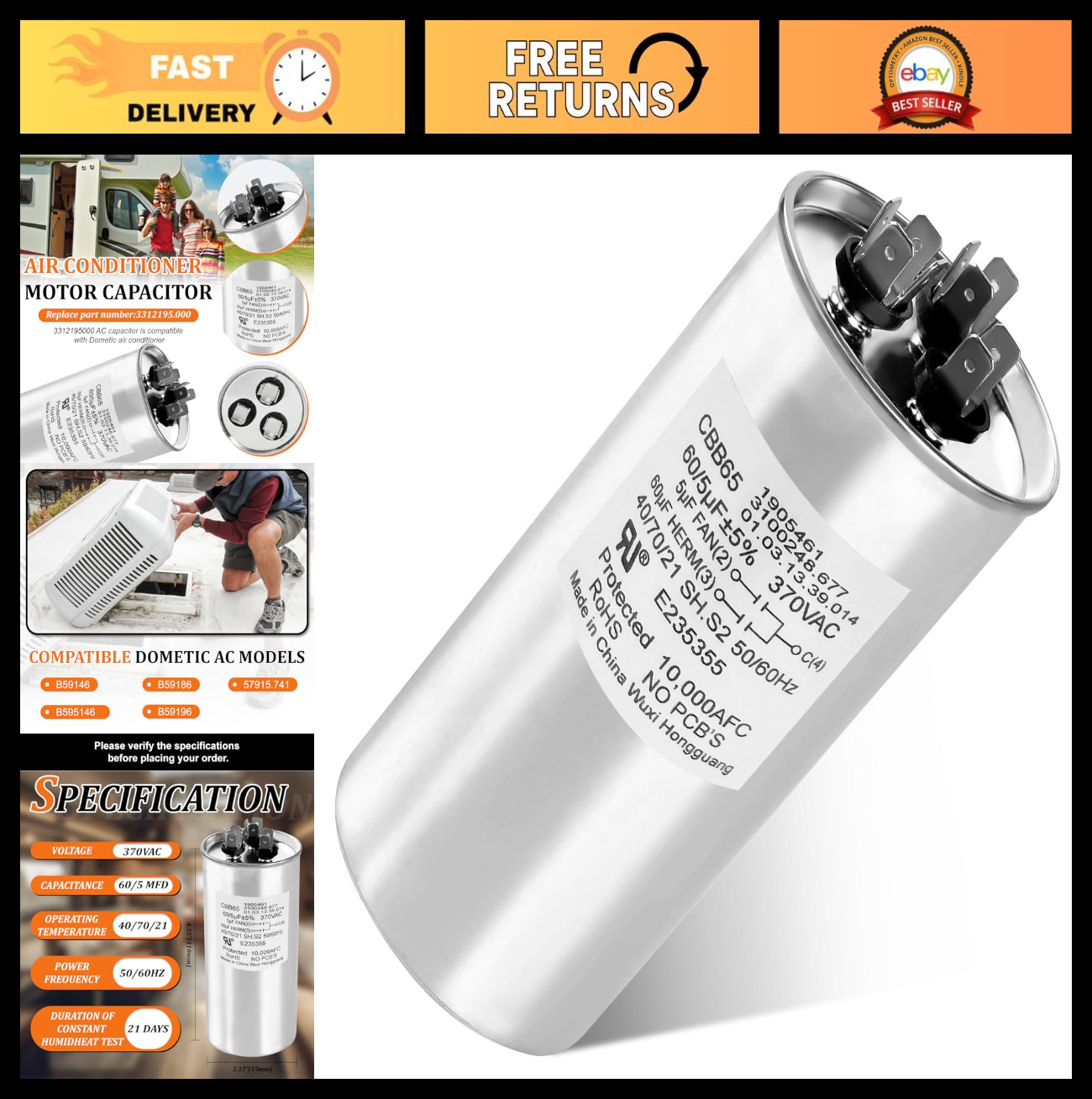 Heavy Duty RV Air Conditioner Capacitor 60/5 MFD Replacement for Dometic Models