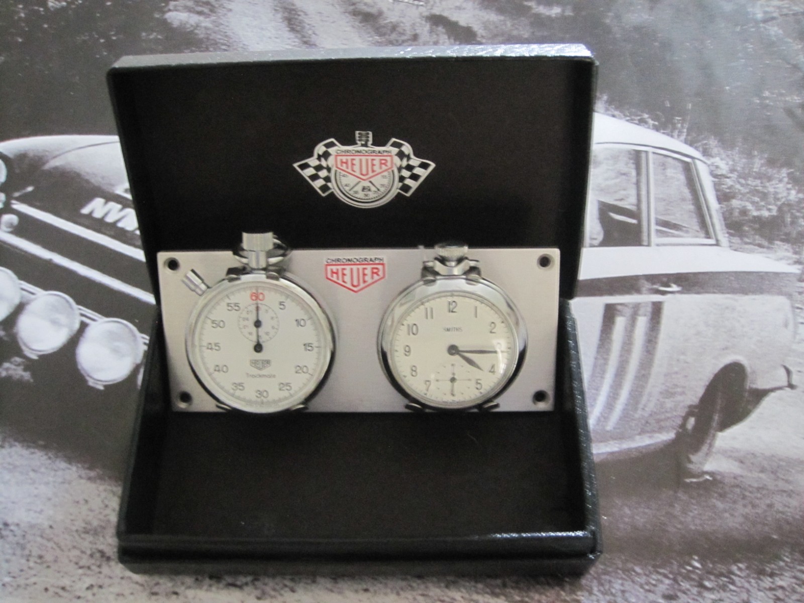 HEUER TRACKMATE STOPWATCH & SMITHS RALLY CLOCK PANEL, CLASSIC & FULL OPERATIONAL