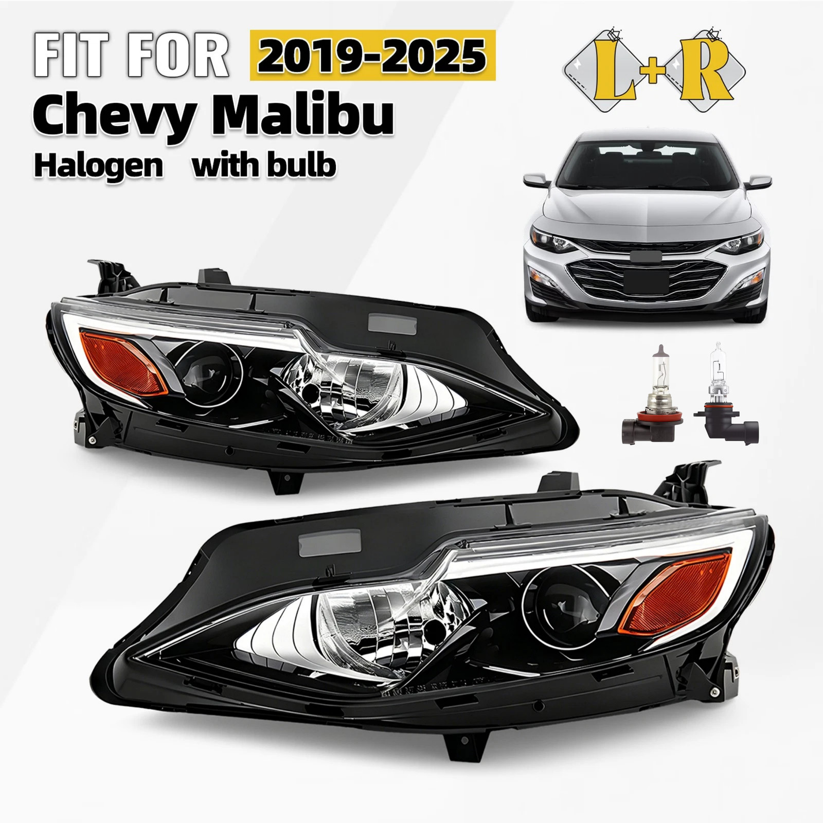 Halogen Headlight For 2019-2025 Chevy Malibu RS/LS/LT w/ Bulb Left+Right Pair