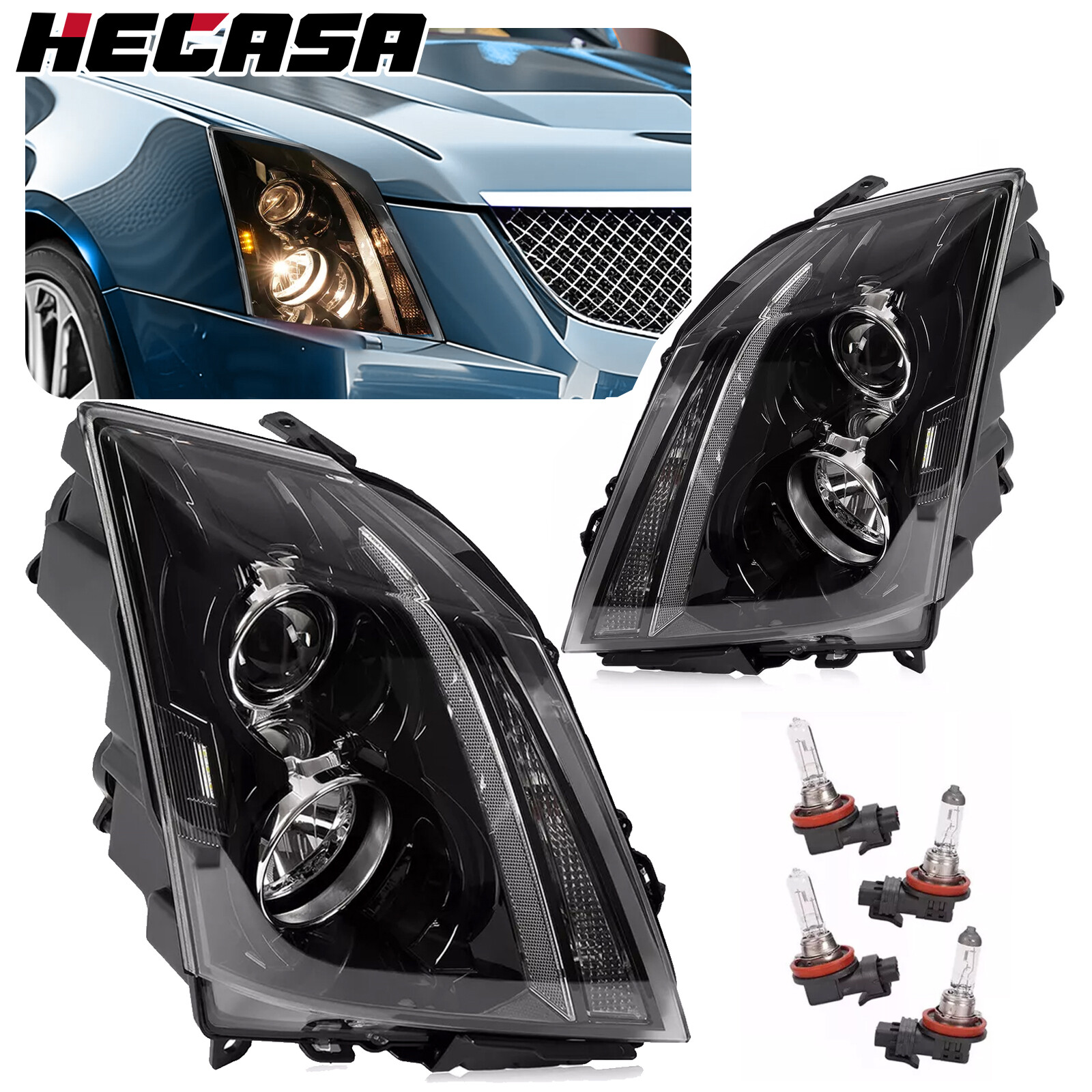 HECASA Pair Halogen Headlight For Cadillac CTS 2008-2015 Left and Right W/Bulbs HECASA Pair Halogen Headlight For Cadillac CTS 2008-2015 Left and Right W/Bulbs