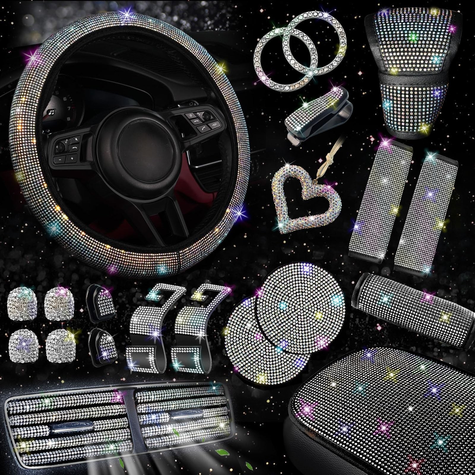 30 Pcs Multicolor Bling Car Accessories Set for Women - Steering Wheel Cover, Se