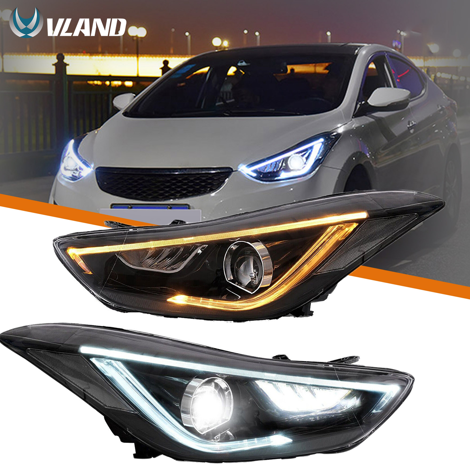 VLAND For 2012-2015 Hyundai Elantra LED Projector Headlights Pair Front Lamps