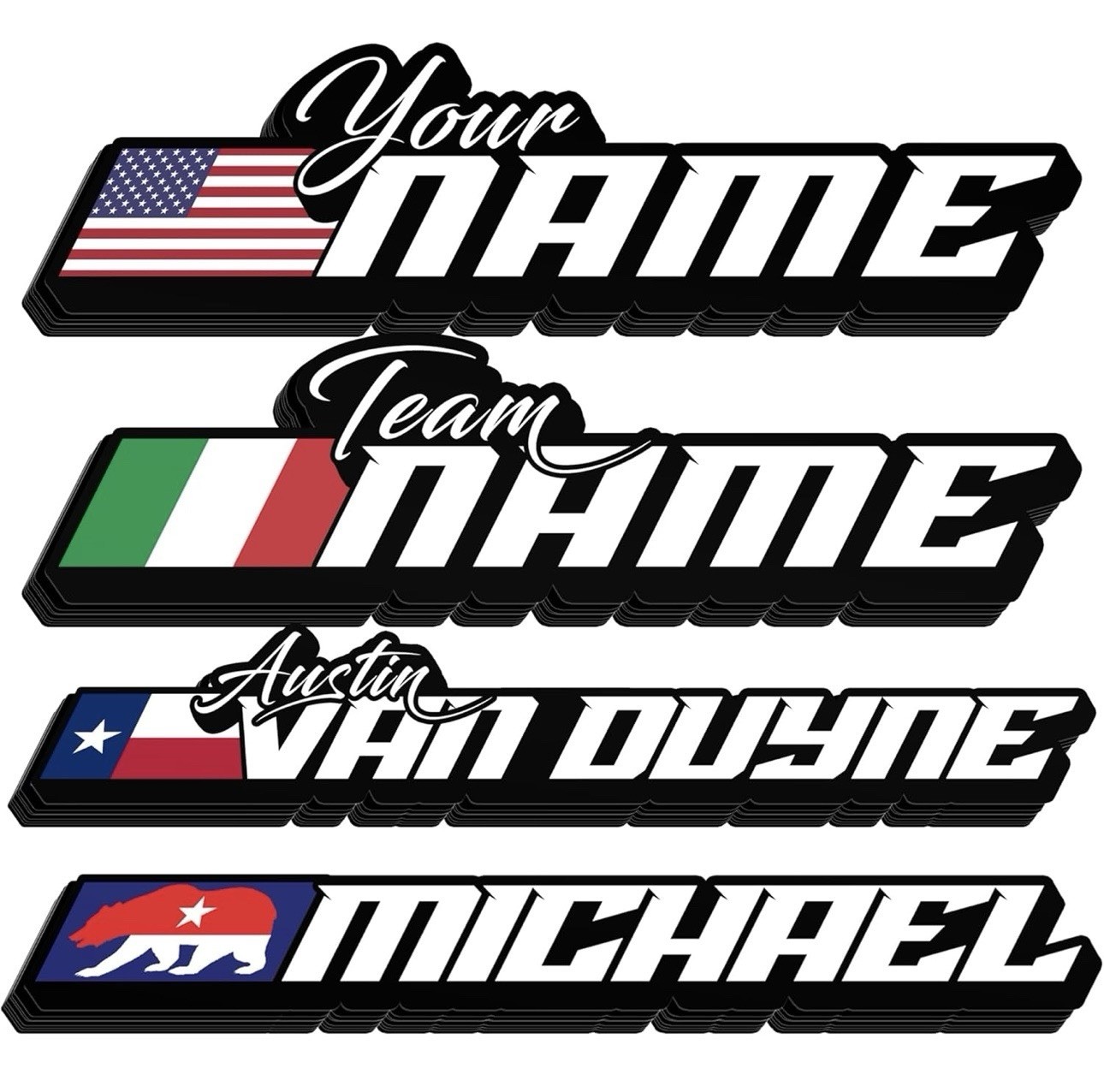 Fully Custom Flag Name Decal 4”| Personalized Motorcycle Windshield (6-count)
