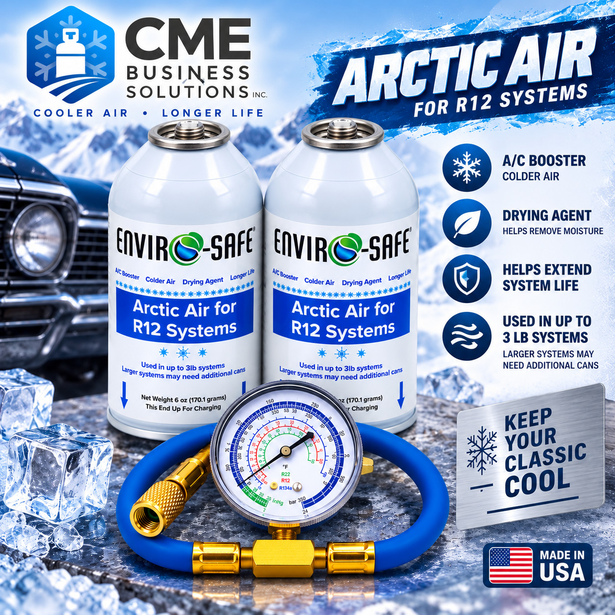Envirosafe Arctic Air for R12, Refrigerant support, 2 cans Brass Gauge