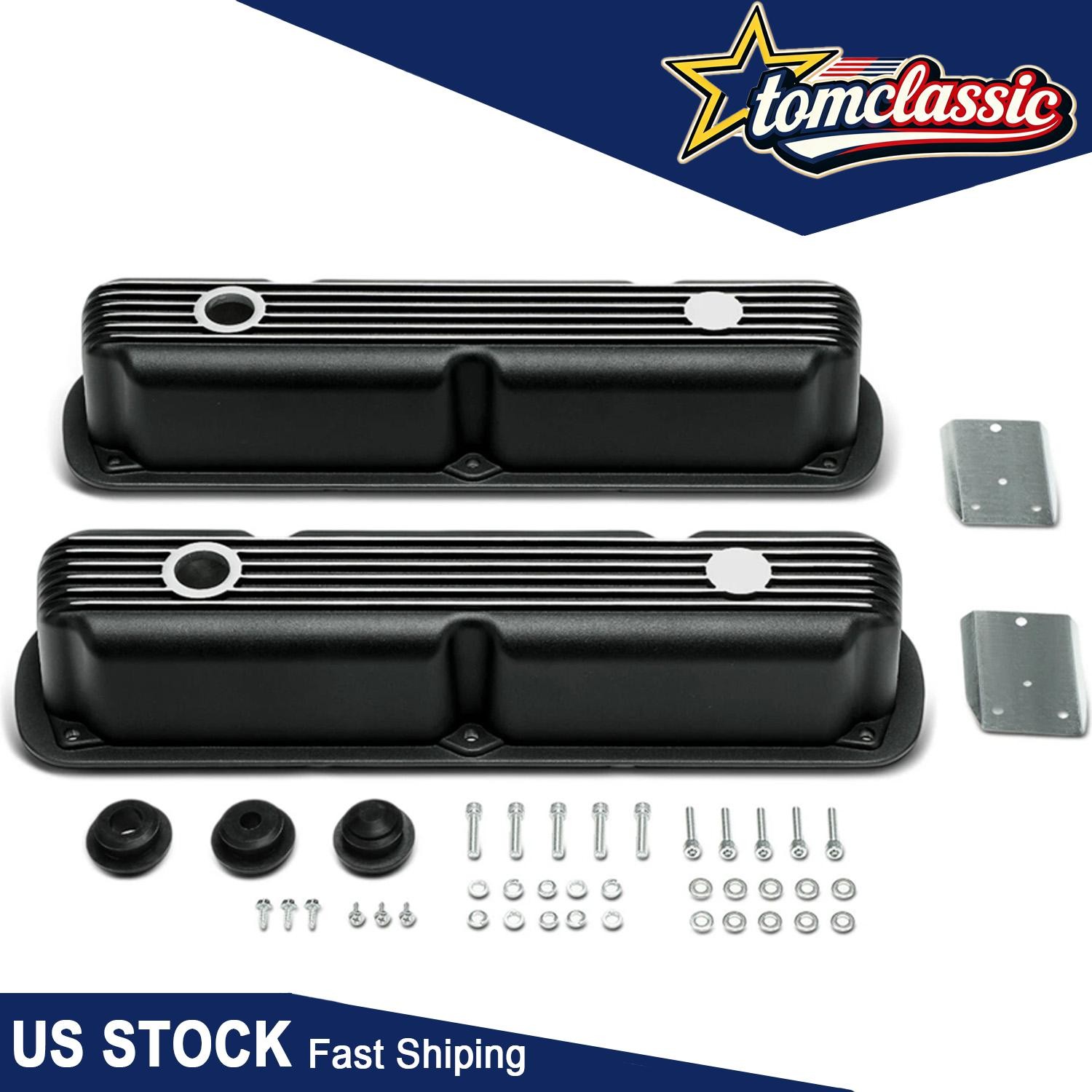 Black Finned Aluminum Valve Covers Set for Chrysler Mopar LA 318 340 360 SB V8