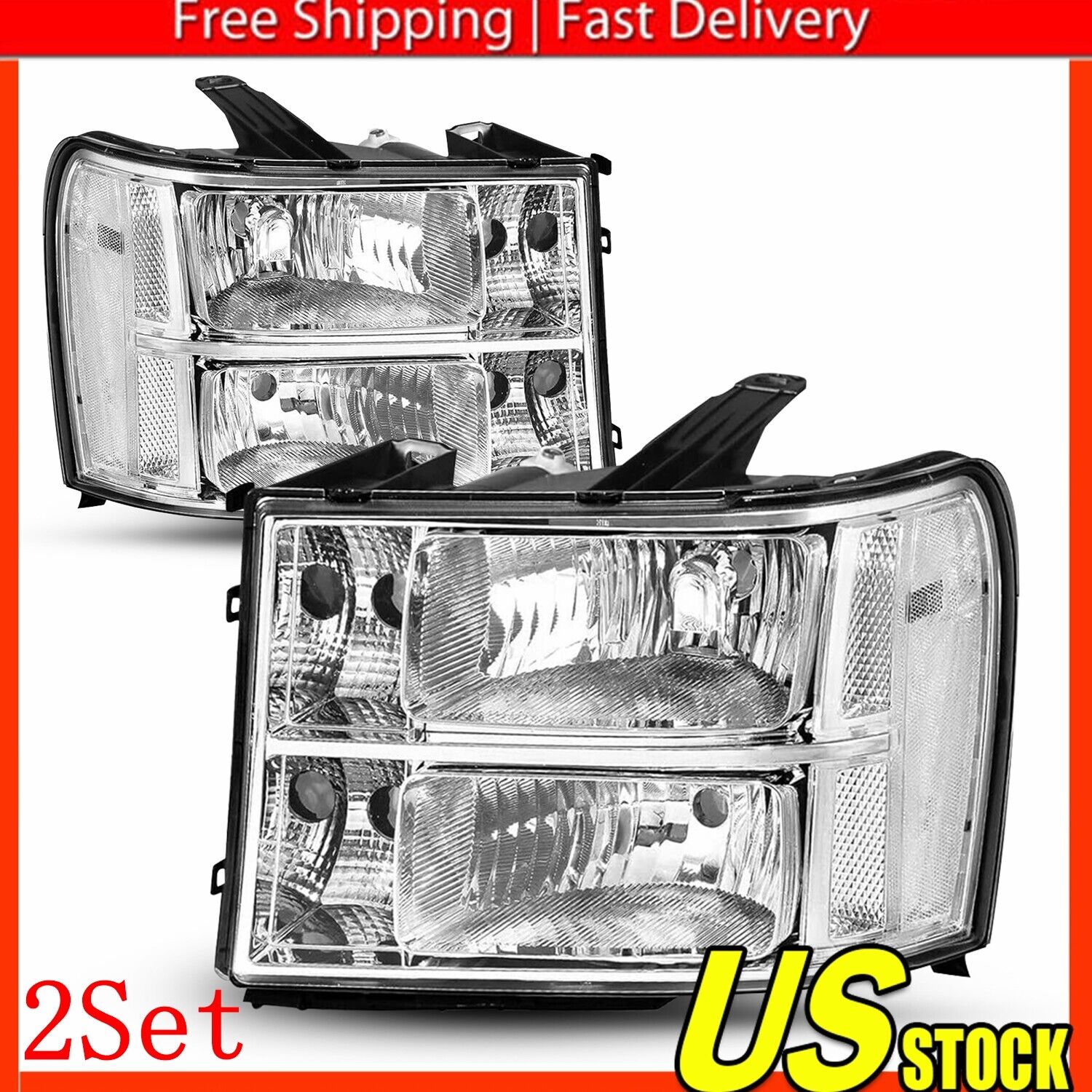 Headlights Fits 07-13 GMC Sierra 1500 2500HD 3500HD Clear Lamps Left+Right 2Set
