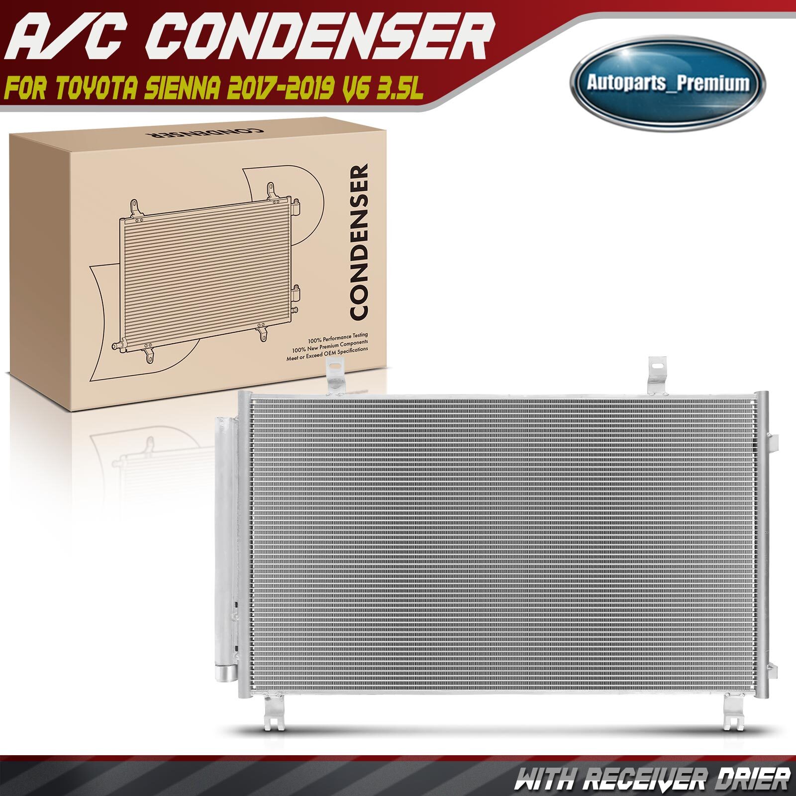 1x AC Condenser w/ Receiver w/ Bracket Drier for Toyota Sienna 2017-2019 V6 3.5L