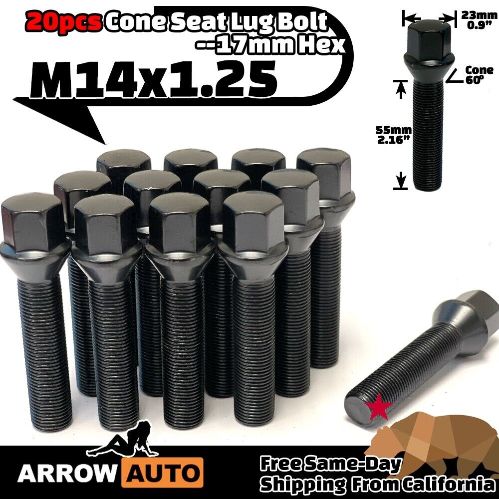 20x Black M14x1.25 Cone Lug Bolt 55mm Shank For 25-30mm Spacers Fit BMW Mini