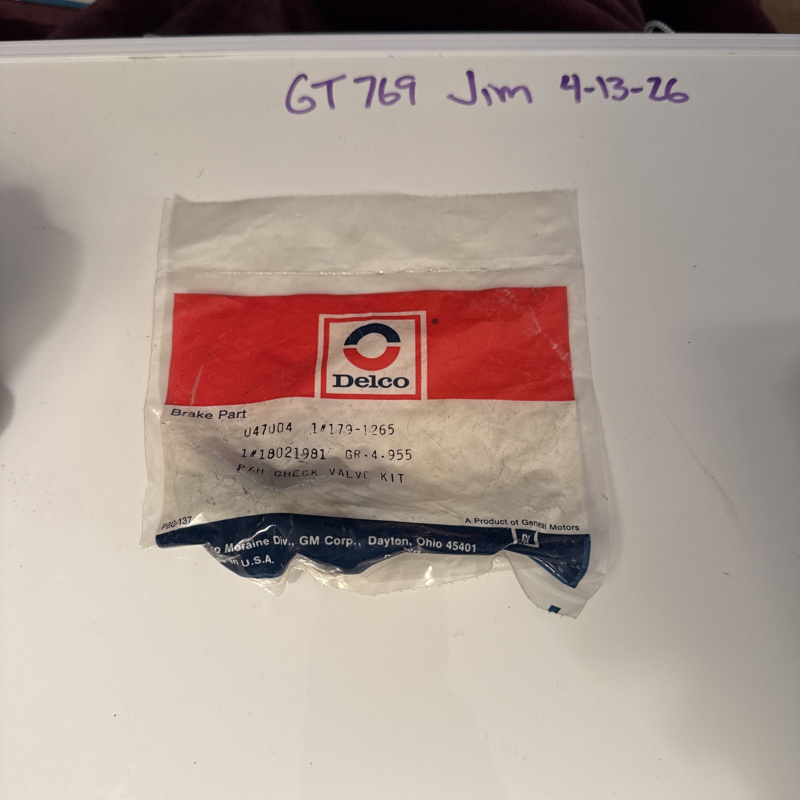 (1) 179-1265 NEW OEM DELCO GM BRAKE BOOSTER VACUUM CHECK VALVE KIT 18021981 Nos