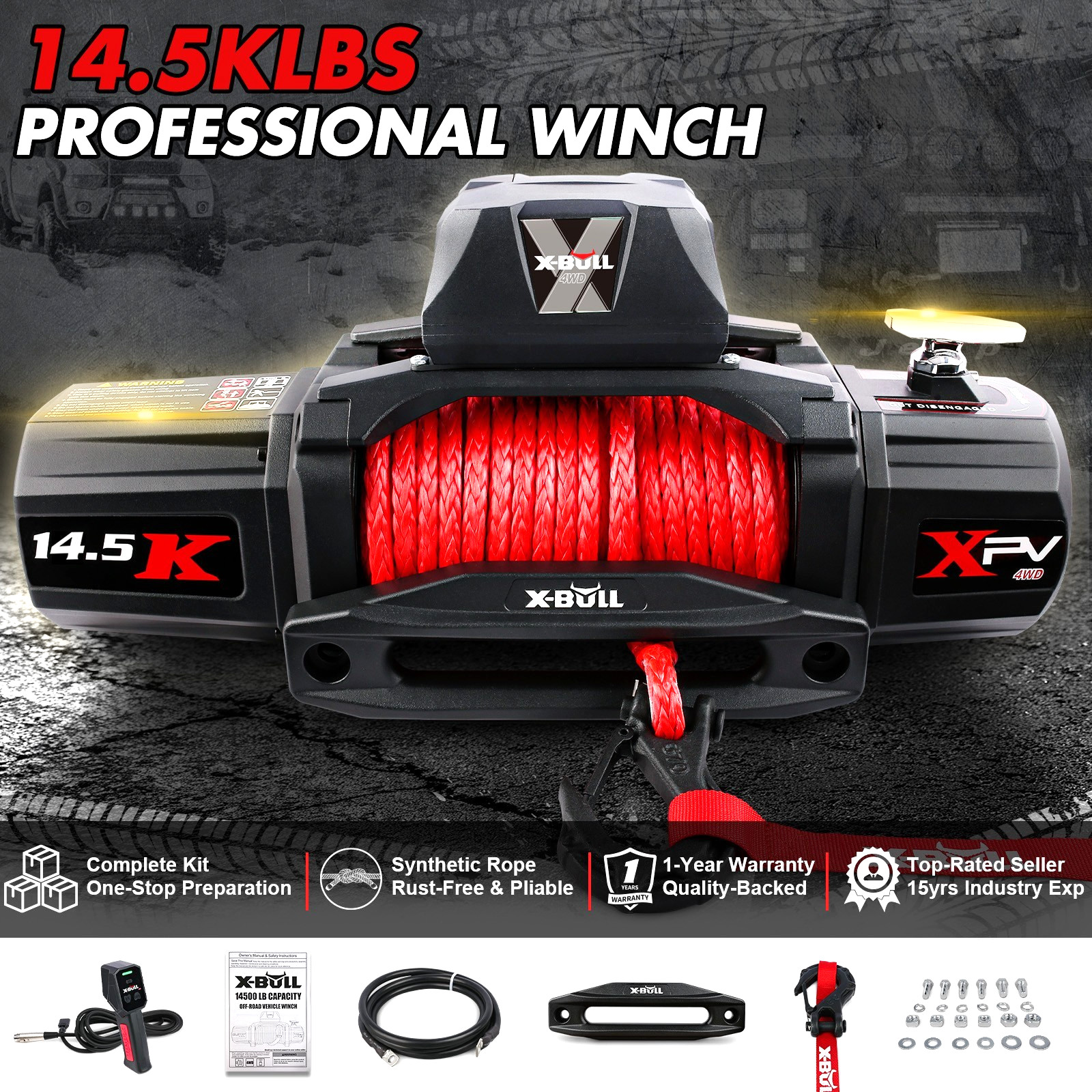 X-BULL Winch 14500lbs Synthetic Rope Wireless Waterproof Trailer Truck 4WD 12V