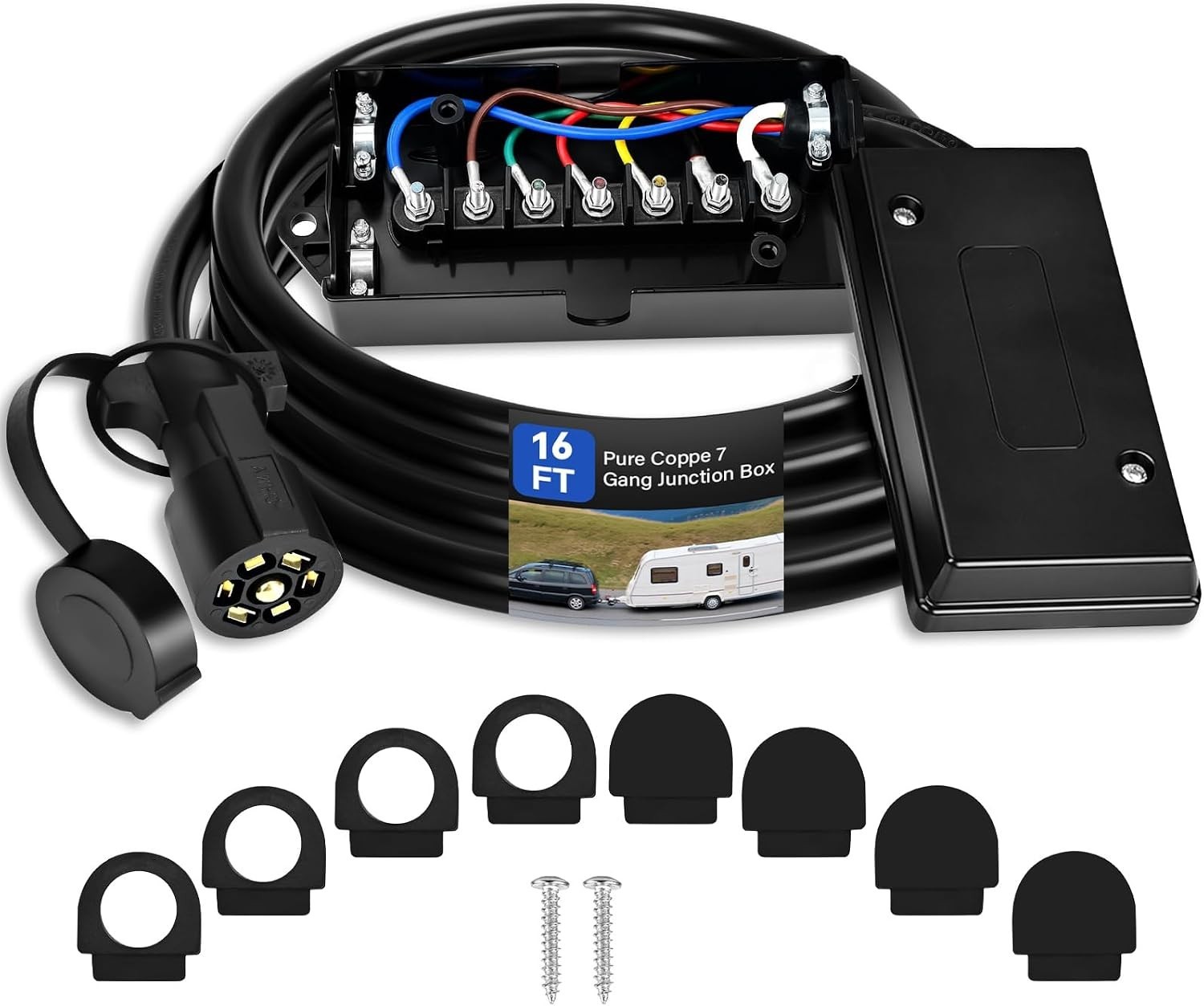 16 FT Heavy Duty Pure Coppe 7 Way Trailer Plug with Trailer Junction Box 7 Pole 